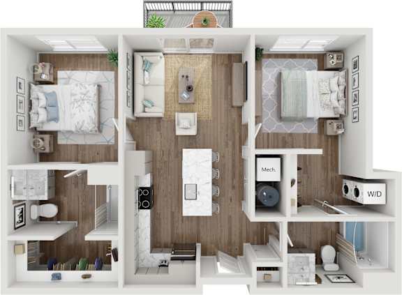 A 3D floor plan of a small apartment with a bedroom, living room, kitchen, and bathroom.