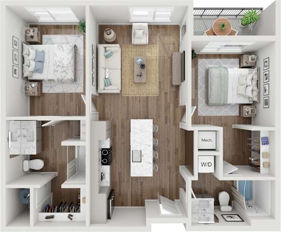 A 3D rendered image of a small apartment layout.