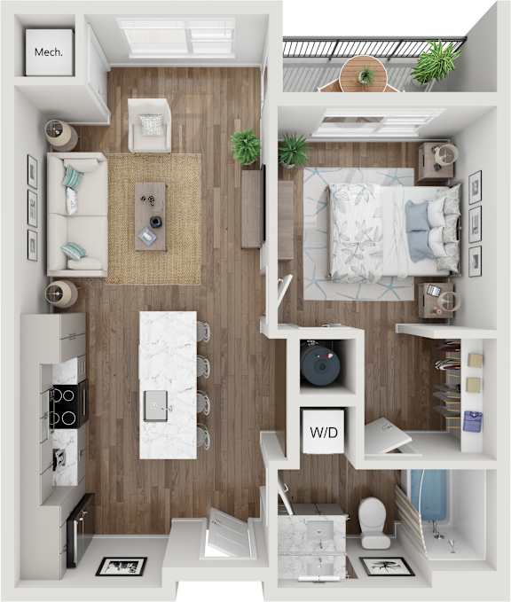 A small room with a bed, a couch, a table, and a shelf.