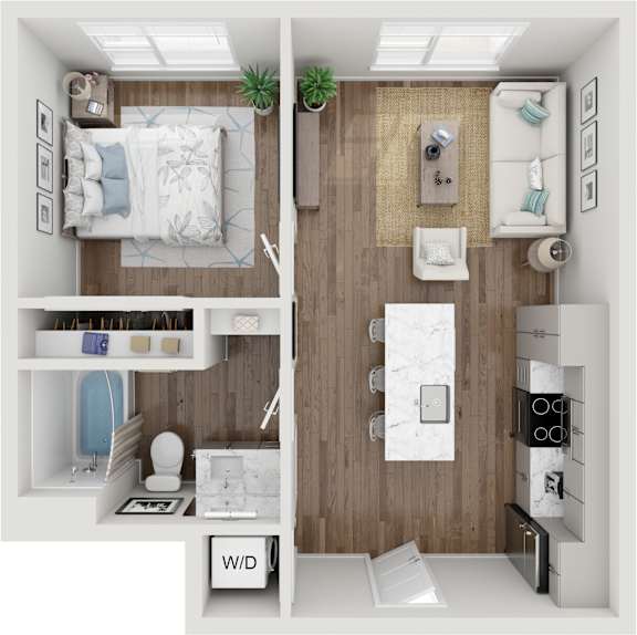 A top-down view of a small, neatly organized apartment with a bedroom, bathroom, and kitchen area.