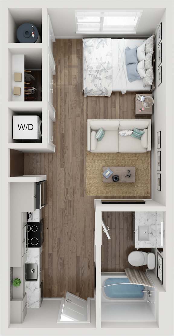 A small apartment with a bed, a desk, and a chair.