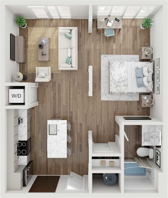 A small room with a bed, a desk, and a shelf.