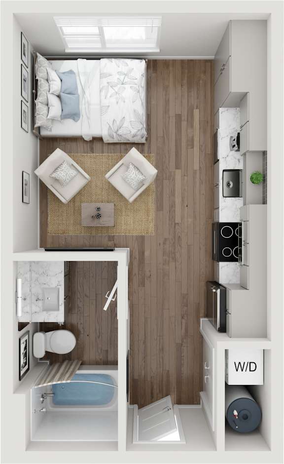 A small bedroom with a bed, nightstand, and a toilet.