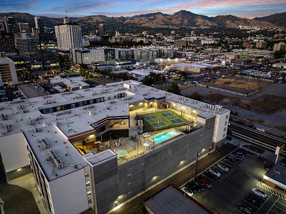 Aerial view of a cityscape at SevenO2 Main Apartments, Salt Lake City, Utah