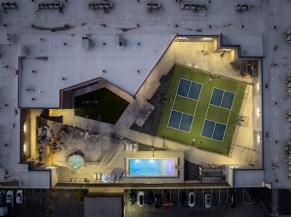 Aerial view of tennis court at SevenO2 Main Apartments, Salt Lake City, UT, 84101