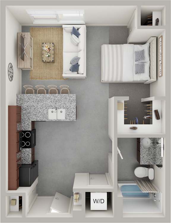 Income restricted studio floor plan at Wilmington Flats Apartments in Salt Lake City UT featuring an open concept layout modern kitchen full bathroom