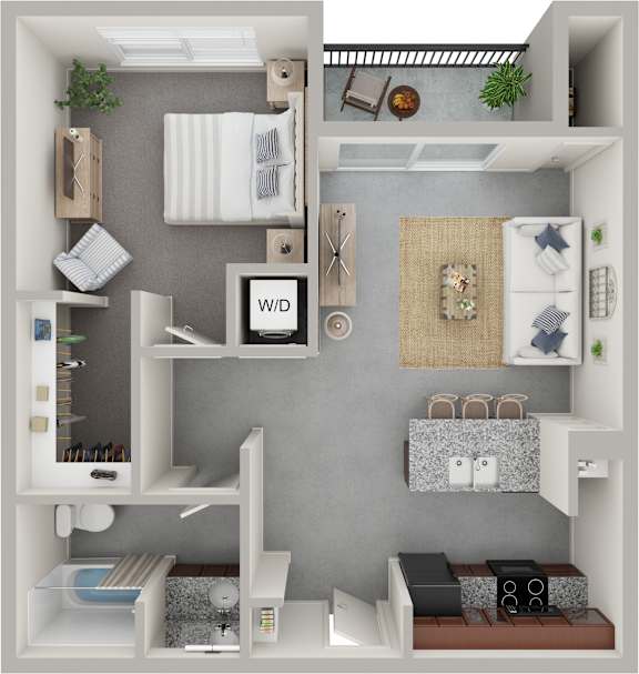 Income restricted 1 bed 1 bath floor plan at Wilmington Flats Apartments in Salt Lake City UT featuring an open concept layout modern kitchen full bathroom