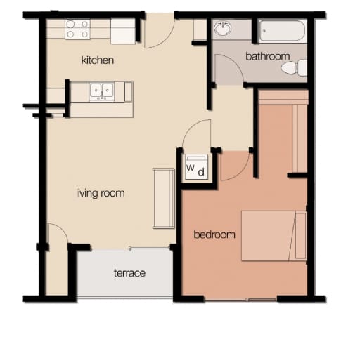 A floor plan of a house with a kitchen, living room, terrace, bathroom and bedroom.