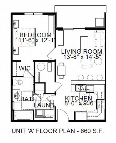1 bed 1 bath floorplan at Red Rock Apartments, Rapid City, 57702