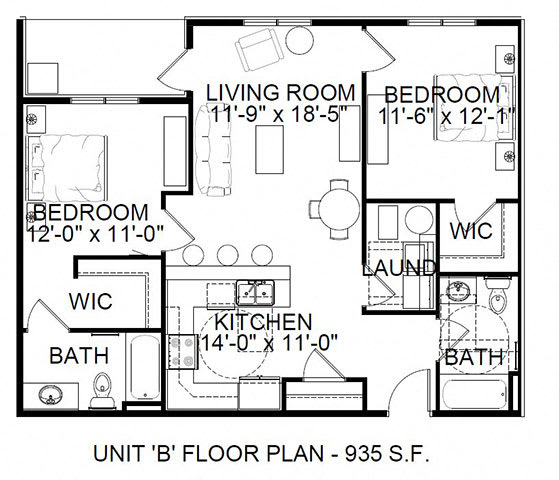 2 bed 2 bath floorplan A at Red Rock Apartments, Rapid City