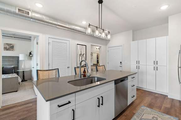 Open kitchen island with integrated sink and dishwasher at The Revival Apartments, Utah