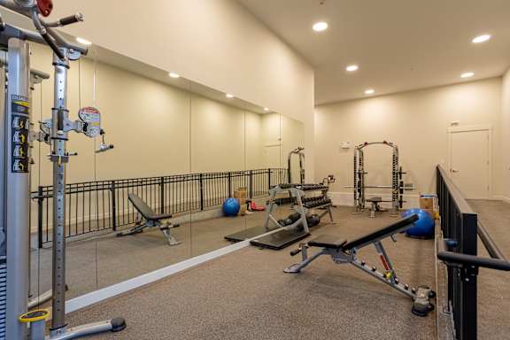 A gym with a variety of equipment including a squat rack, bench, and weights.