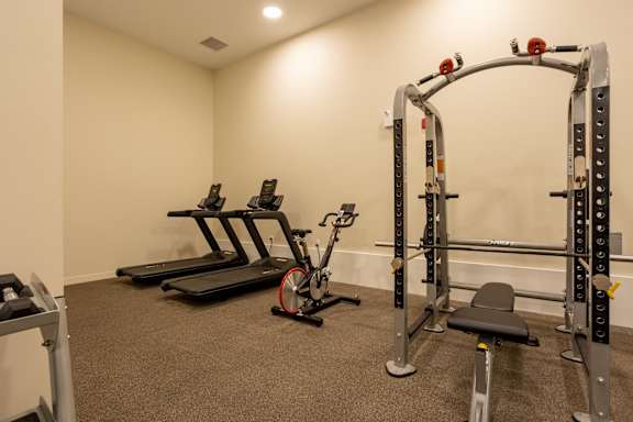 A gym with a treadmill, a stationary bike, and a squat rack.