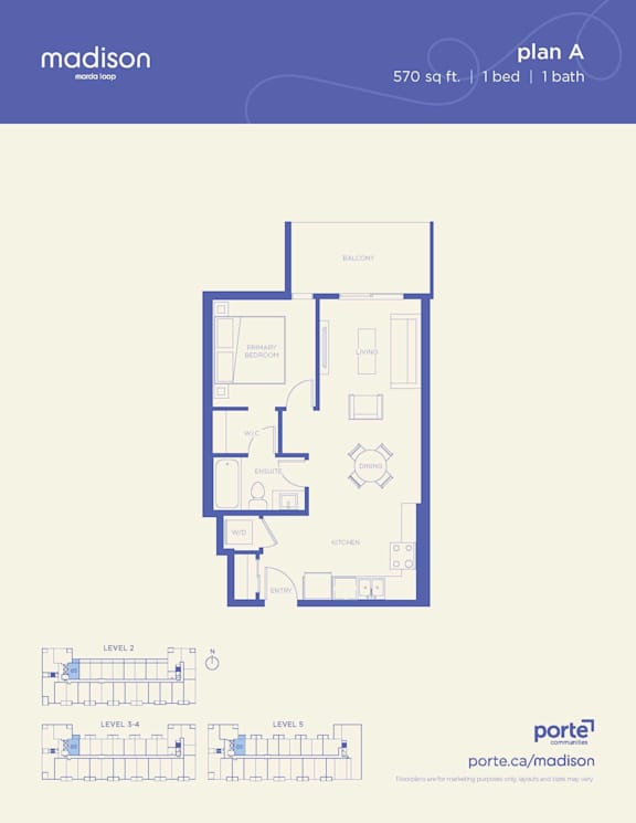 A floor plan for a 570 square foot apartment with one bed and one bath.