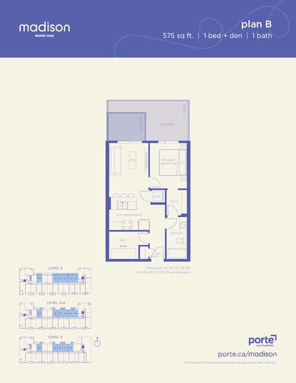 A floor plan for a 575 square foot apartment with one bed, one den, and one bath.