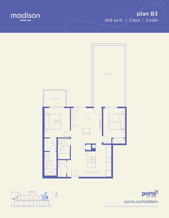 A floor plan for a 908 square foot home with two bedrooms and two bathrooms.