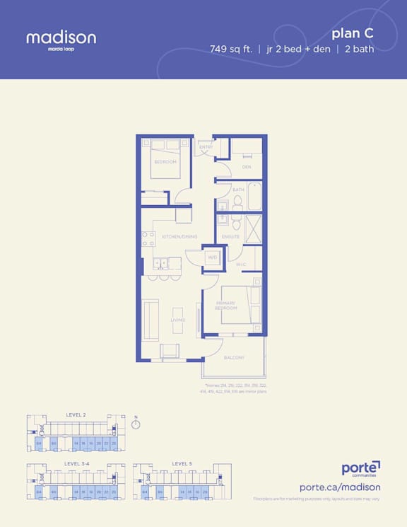 A floor plan for a 749 sq ft, 2 bedroom, 2 bathroom apartment.
