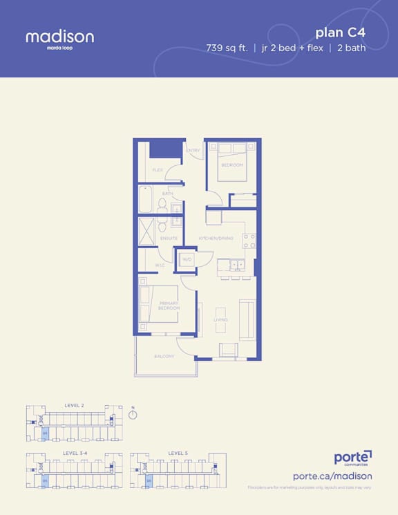 A floor plan for a 739 sq ft, 1 bed and 1 bath apartment.