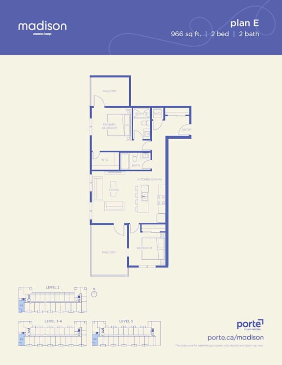 A floor plan for a 2 bedroom, 2 bath apartment at Madison Towers.