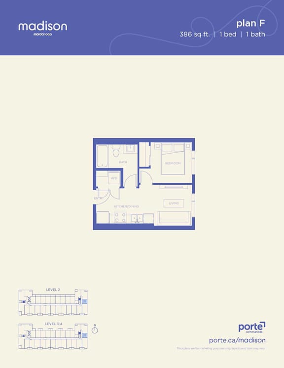 A floor plan for a Madison property shows a bedroom, bathroom, kitchen, and living room.