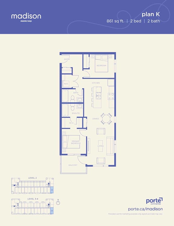 A floor plan for a 2 bedroom, 2 bathroom apartment.