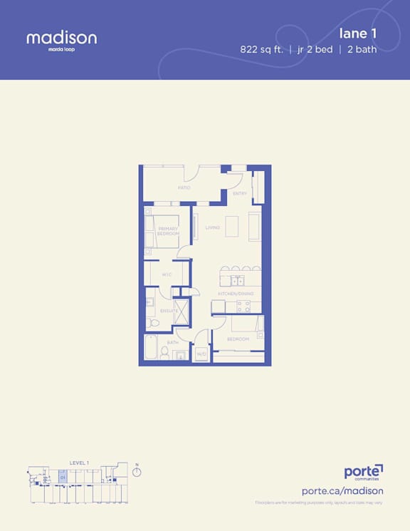 A floor plan for a Madison property shows a living room, dining room, kitchen, and two bedrooms.