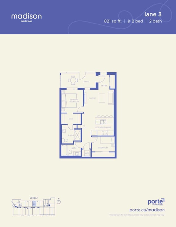 A blueprint of a floor plan for a Madison hotel room.