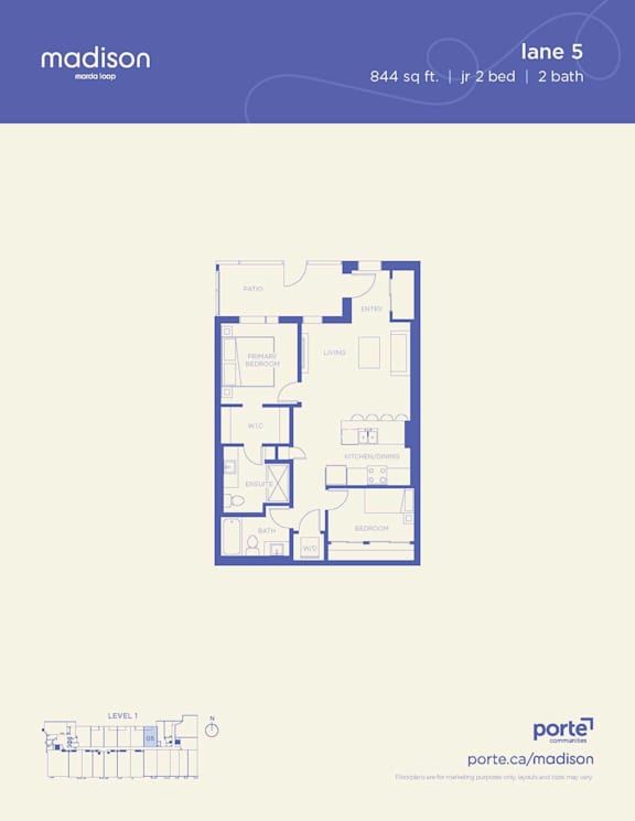 A floor plan for a Madison property shows a living room, dining room, kitchen, and two bedrooms.