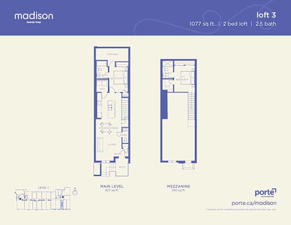 A floor plan for a 2 bedroom loft at Madison shows the layout of the rooms.