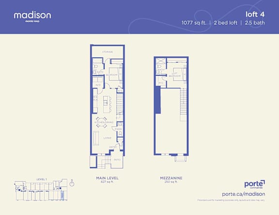 A floor plan for a 2 bedroom loft at Madison shows the layout of the rooms.
