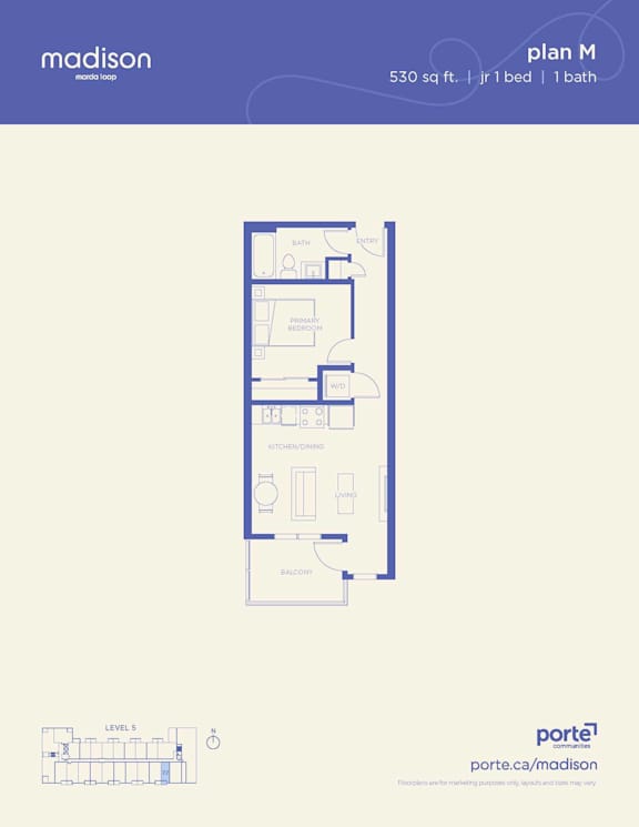 A floor plan for a 530 square foot apartment with one bed and one bath.