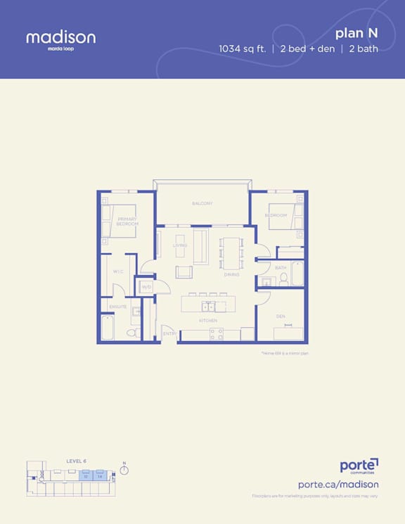 A floor plan for a Madison property shows a bedroom, two bathrooms, a living area, and a kitchen.