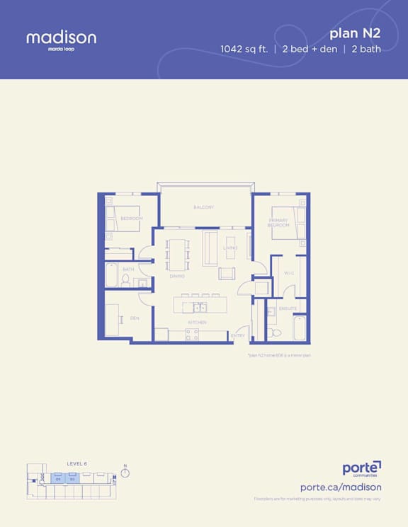 A floor plan for a 1042 square foot home with two bedrooms and two bathrooms.
