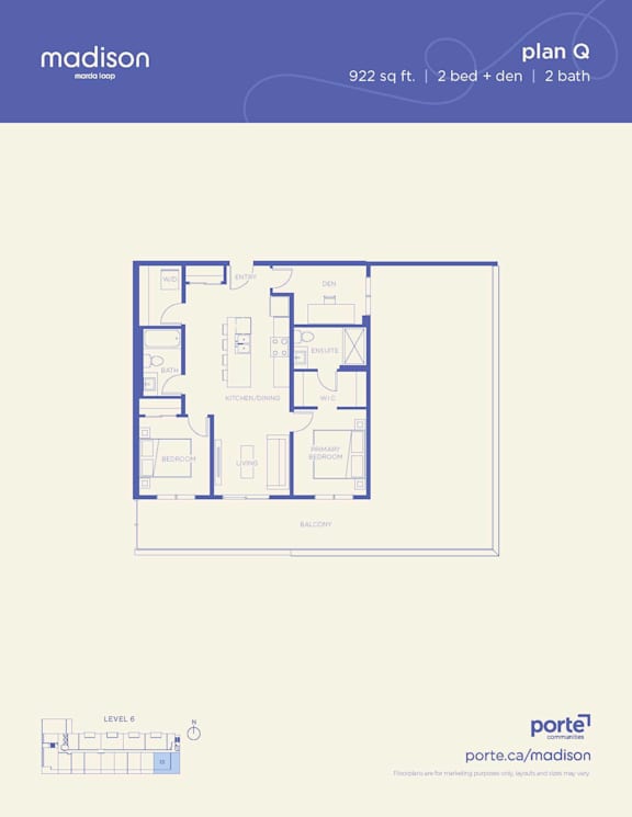 A floor plan for a 922 square foot home with two bedrooms and two bathrooms.