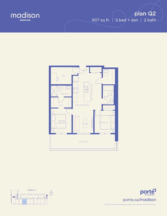 A blueprint of a 907 square foot floor plan by Madison.