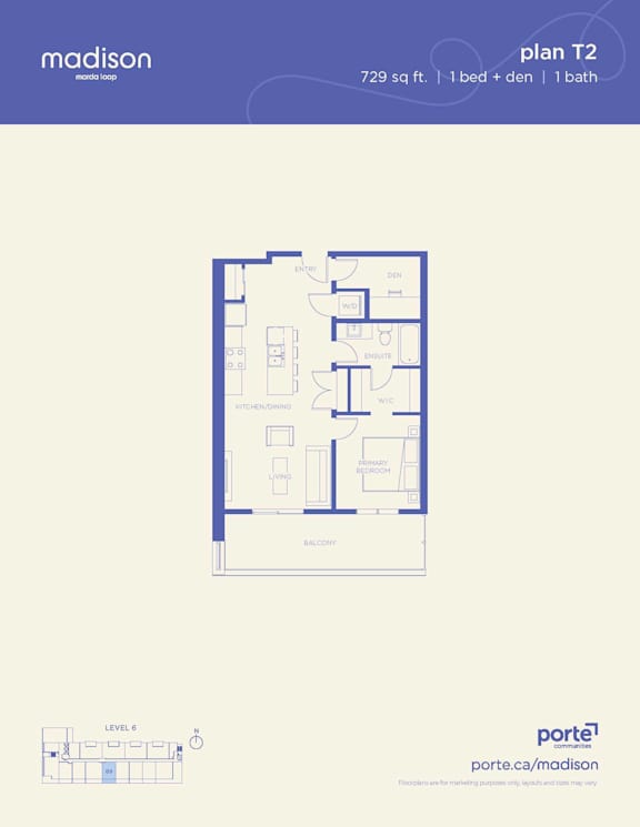 A floor plan for a Madison property with 729 square feet, one bedroom, one den, and one bath.