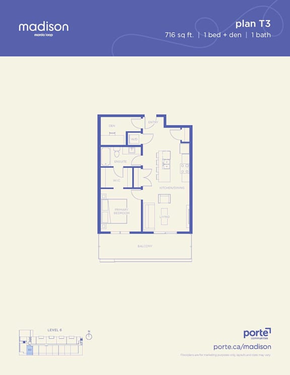A floor plan for a 716 sq ft apartment with one bedroom and one bathroom.