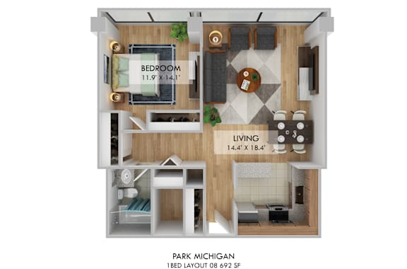 Floor Plan  Park Michigan One Bedroom Layout 08 Floor Plan