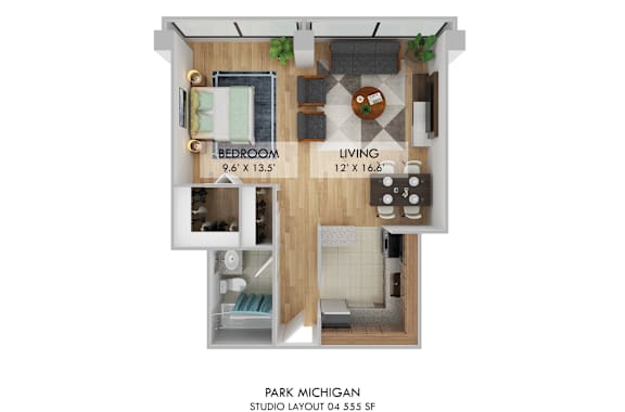 Studio 1 bath floorplan at Park Michigan Apartments, Chicago, Illinois