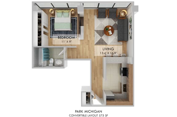 Floor Plan  Studio 1 bathroom D at Park Michigan Apartments, Chicago, IL