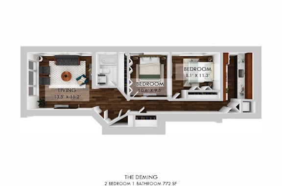 A floor plan of a small apartment with two bedrooms and a living room.