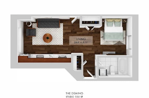 A floor plan of a living room with a kitchen area and a bathroom.