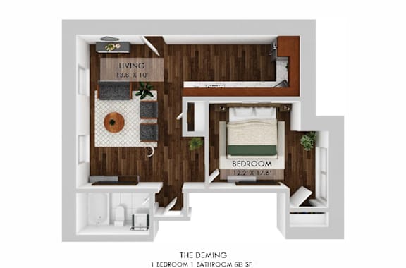 A diagram of a small apartment layout with a living room, bedroom, and bathroom.