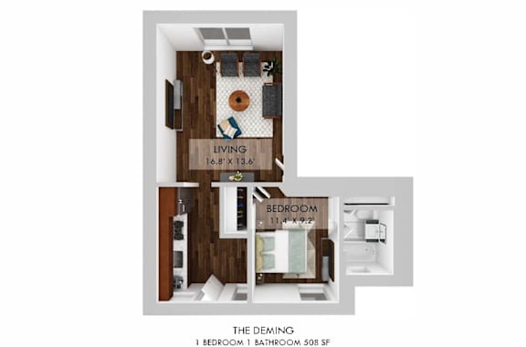 A living room, bedroom, and bathroom are shown in a floor plan.