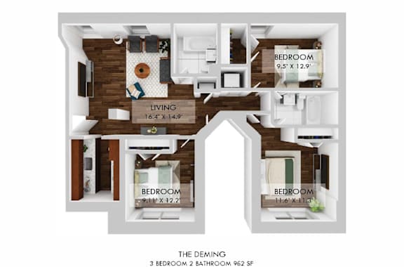 A 3 bedroom, 2 bathroom home with a living area of 16.4 x 14.9.