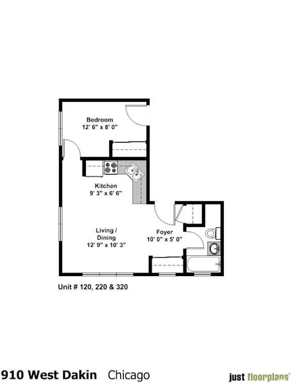 A floor plan for an apartment at 910 West Dakin Chicago shows a living and dining area, a kitchen, and a bedroom.
