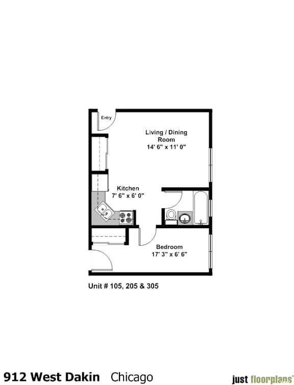 A floor plan for an apartment at 912 West Dakin Chicago shows a living/dining room, a kitchen, and a bedroom.