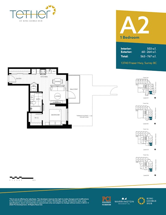 A floor plan for a 1 bedroom apartment at Tether at King George Hotel.
