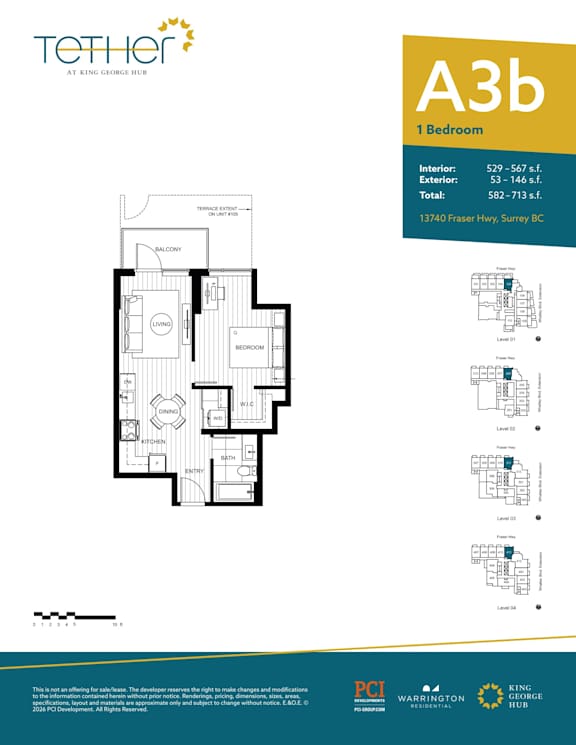 A floor plan for a 1 bedroom apartment at King George Hotel.