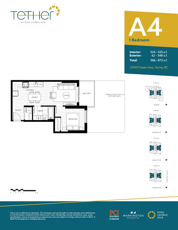 A page from a brochure showing a floor plan for a 1 bedroom apartment.
